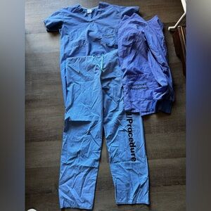 Blue Surgical Procedure Scrubs Set; top, bottom, and jacket XS